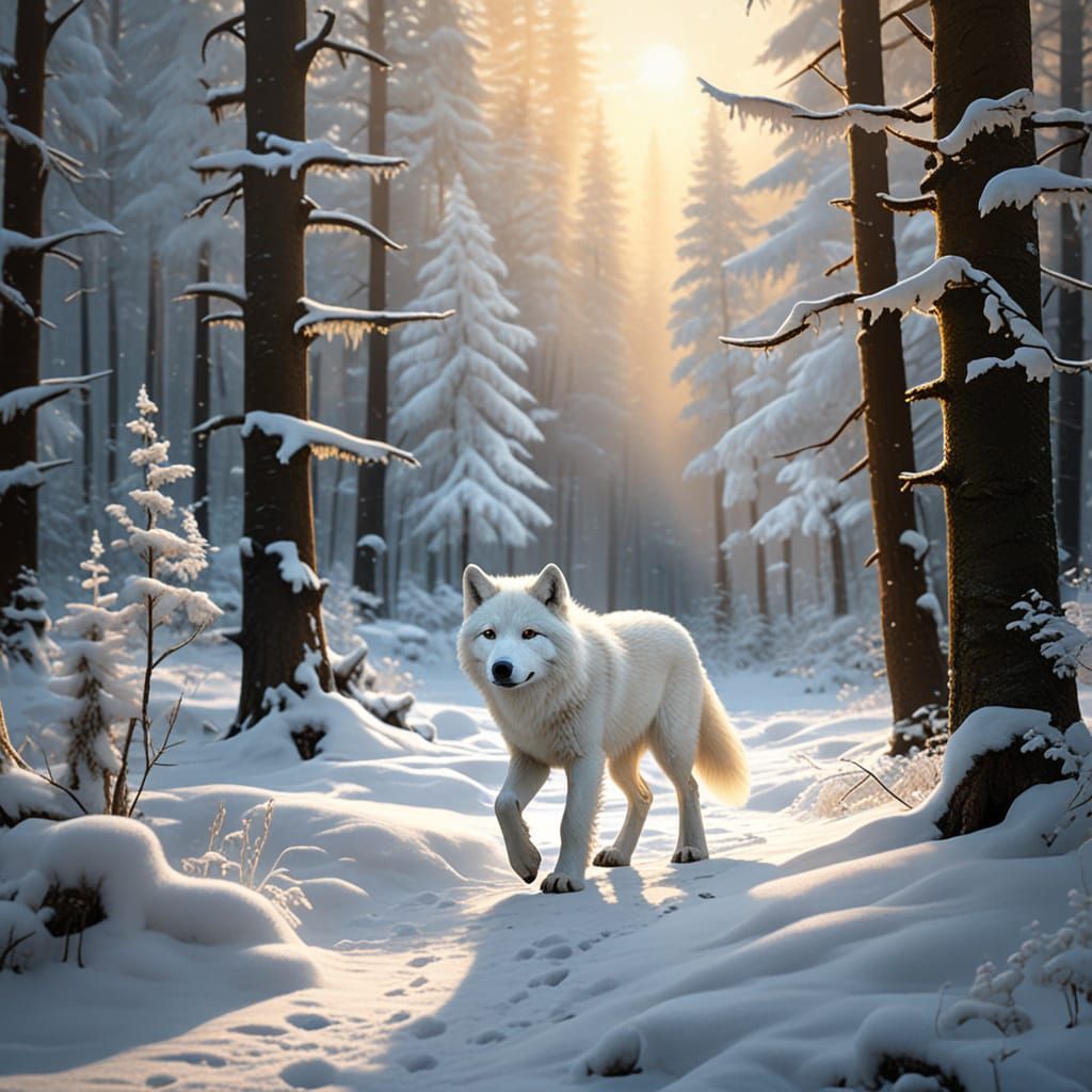 "A young and majestic white wolf cub walking through a snowy...