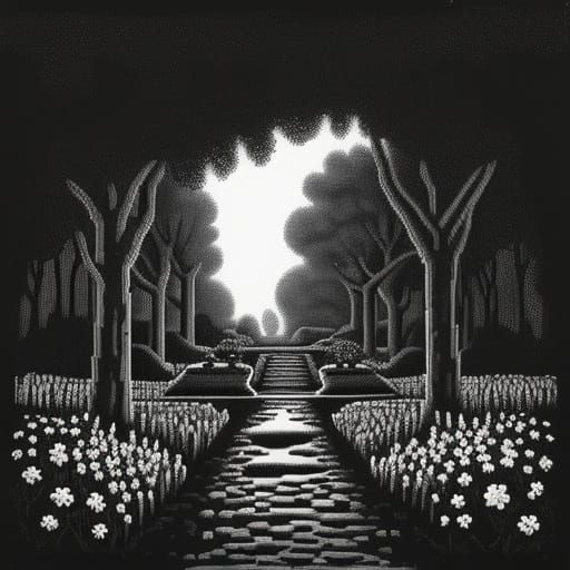 Retro Pixel Art: Heaven's Garden in Black and White
