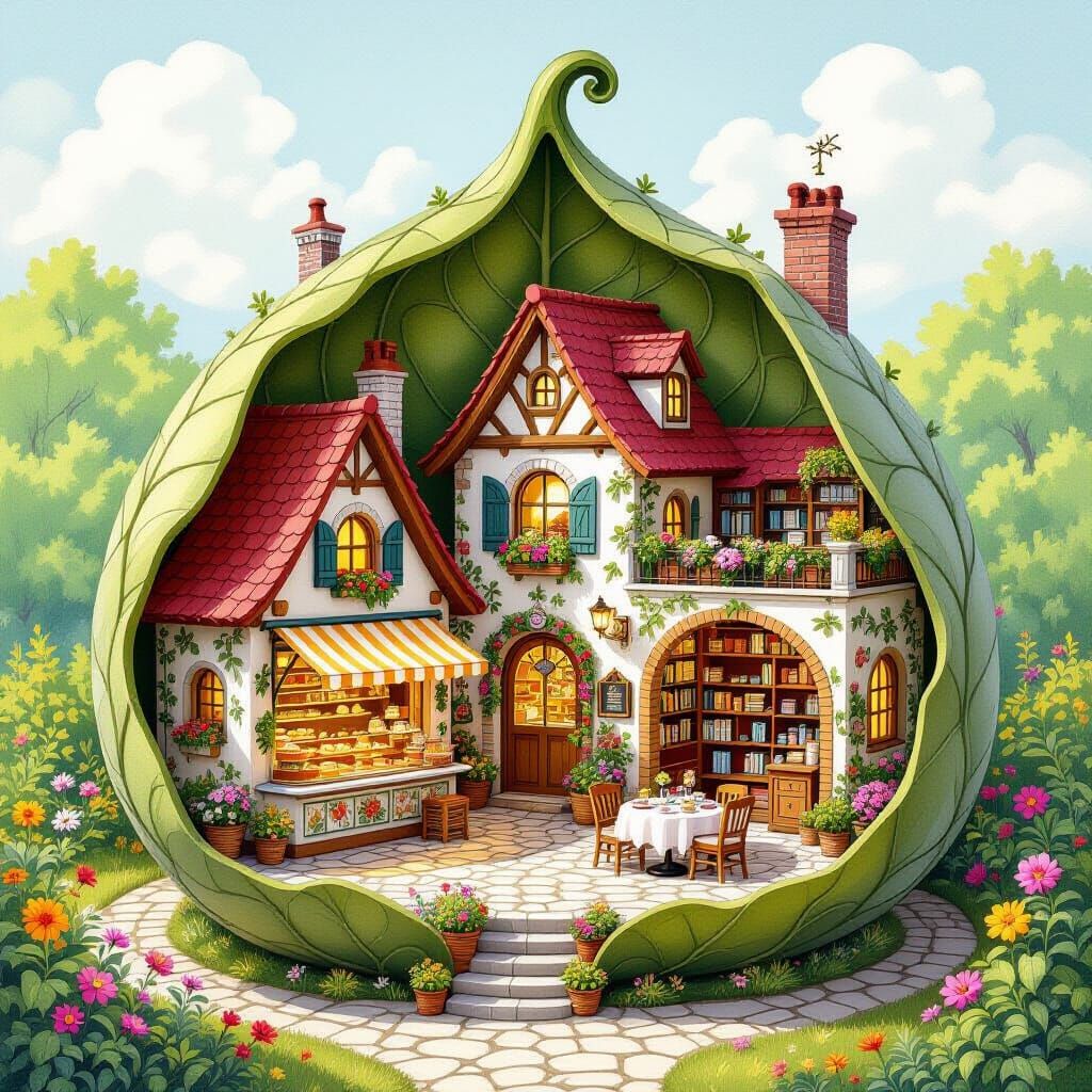 Miniature Village Inside Leaf in Pencil Sketch Style