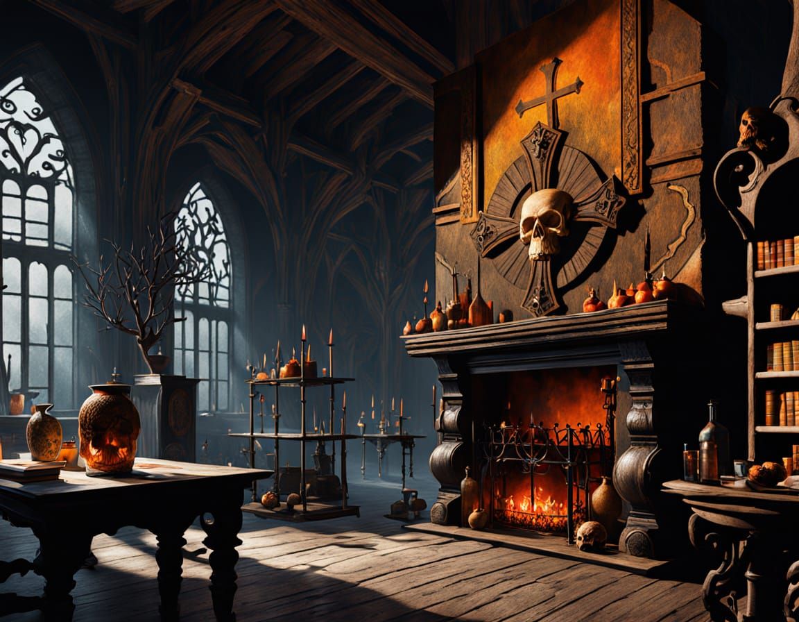 Dark Fantasy Cauldron Over Roaring Fireplace in a Moody, War...