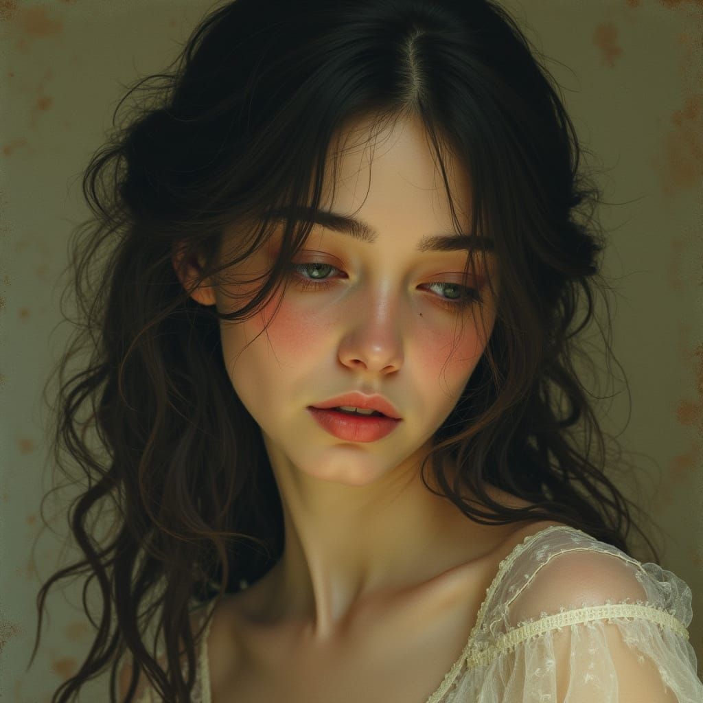 Young Woman's Sorrowful Gaze Illuminated by Ethereal Glow
