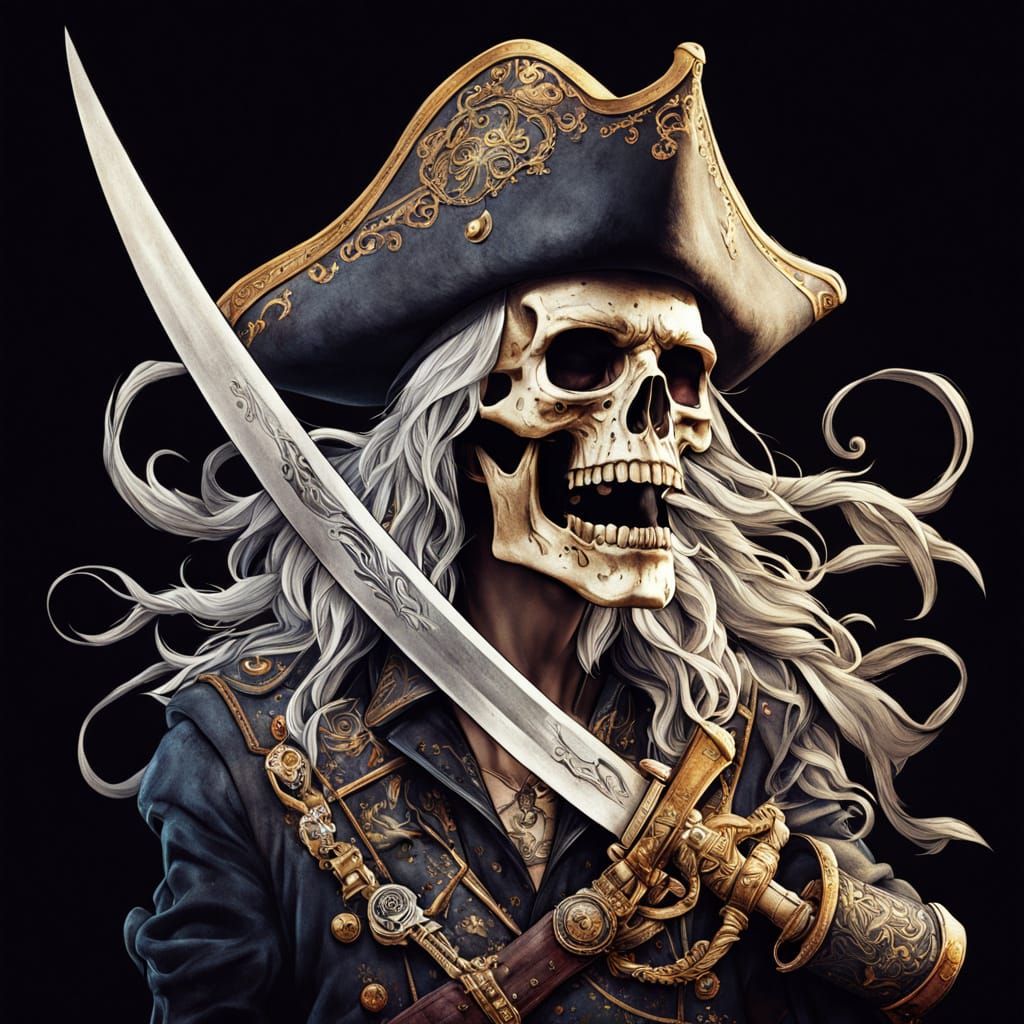 Skeleton Pirate Captain on Ship in Digital Art Style