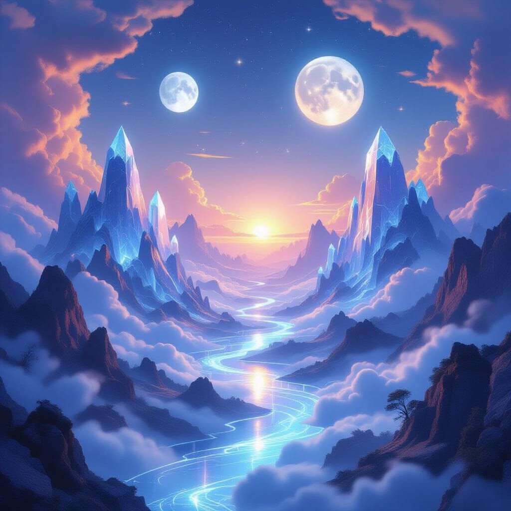 Surreal Crystal Mountains Under Twin Moons