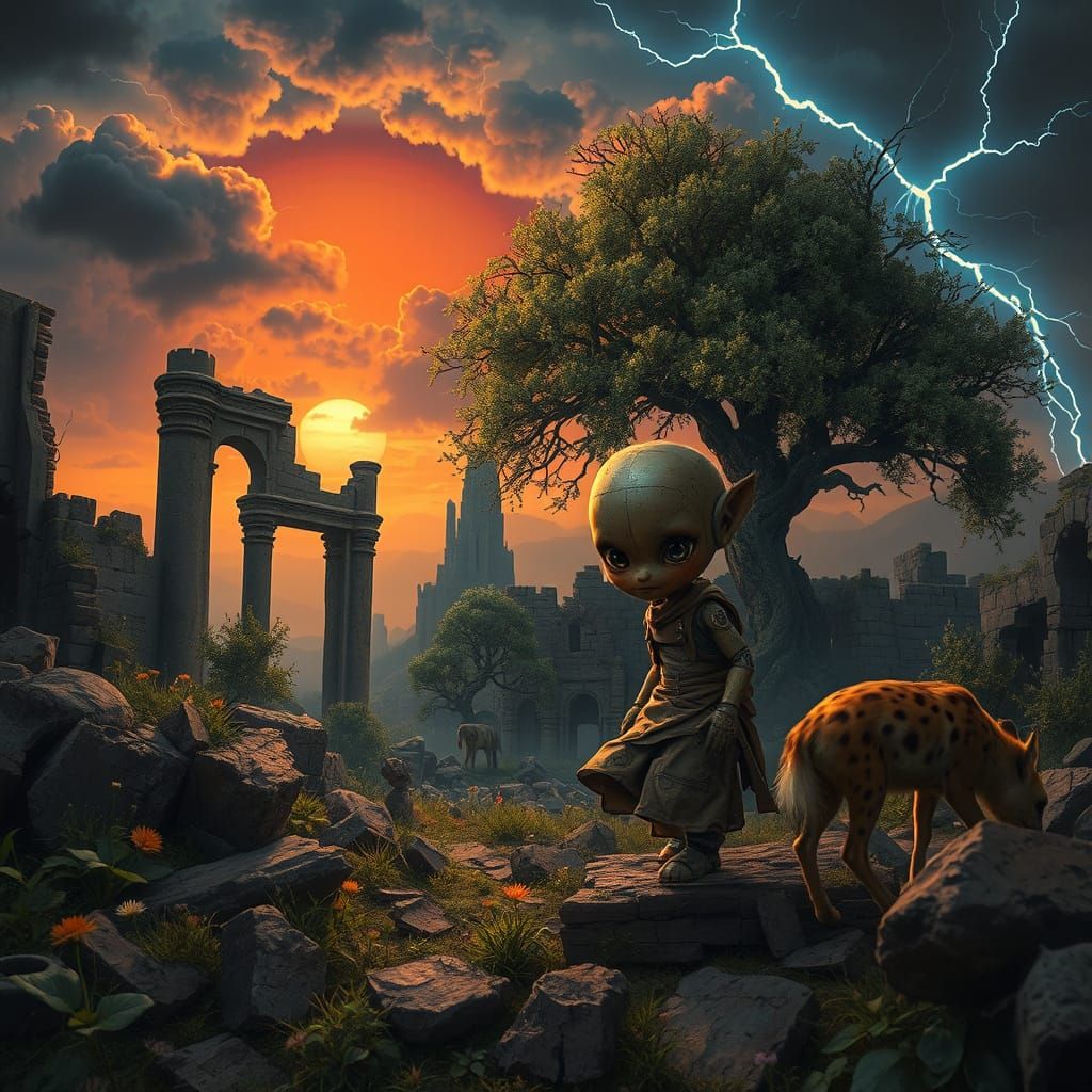 Child Android Plays in Ruins Amidst Sunset Storm