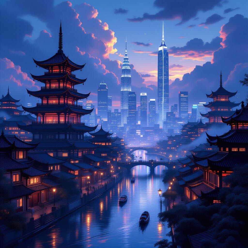 Twilight Cityscape: Pagodas Meet Futuristic Skyscrapers