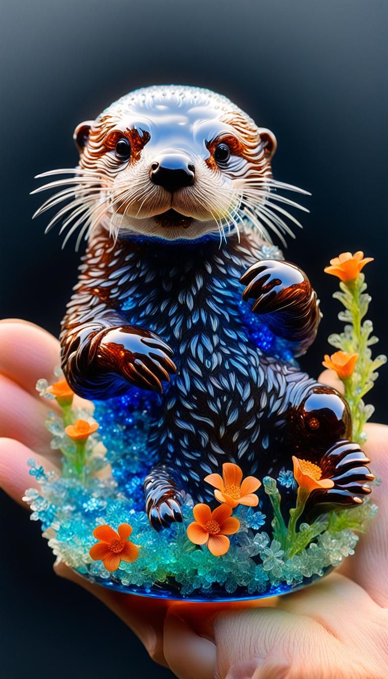 delicate and transparent vermilion crystal glass sculpture baby sea otter filled with Bioluminescent flowers, artistic, ...