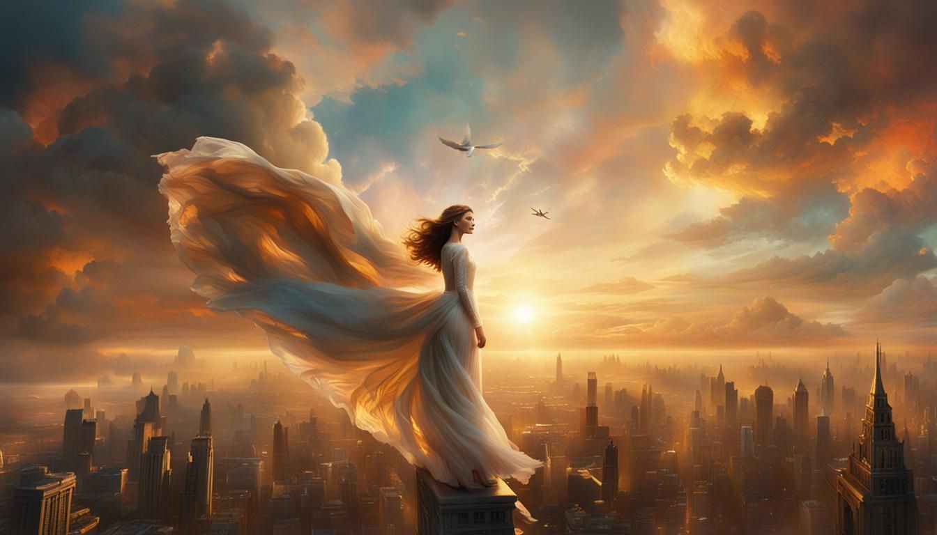 Woman Flying Over City at Sunrise: Cinematic Digital Art