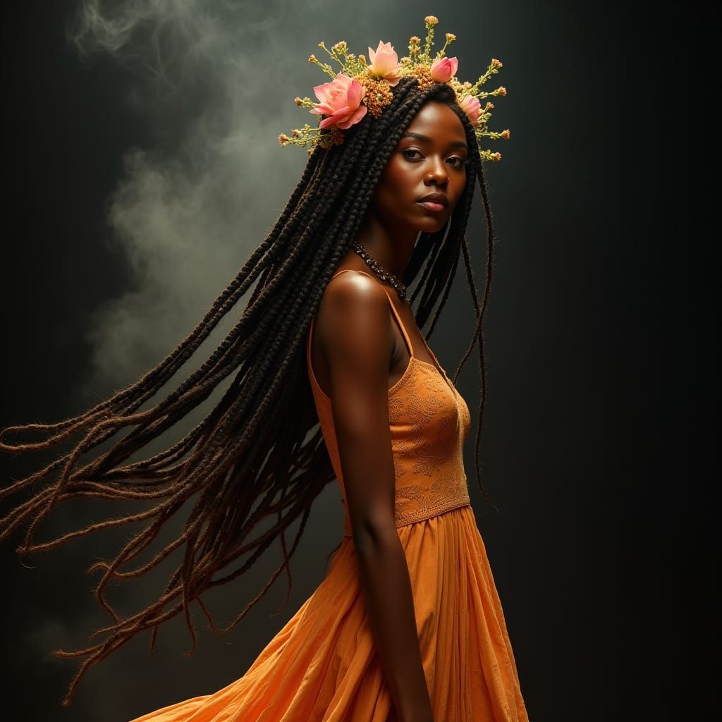 Confident Woman with Lotus Braids in Art Nouveau Style