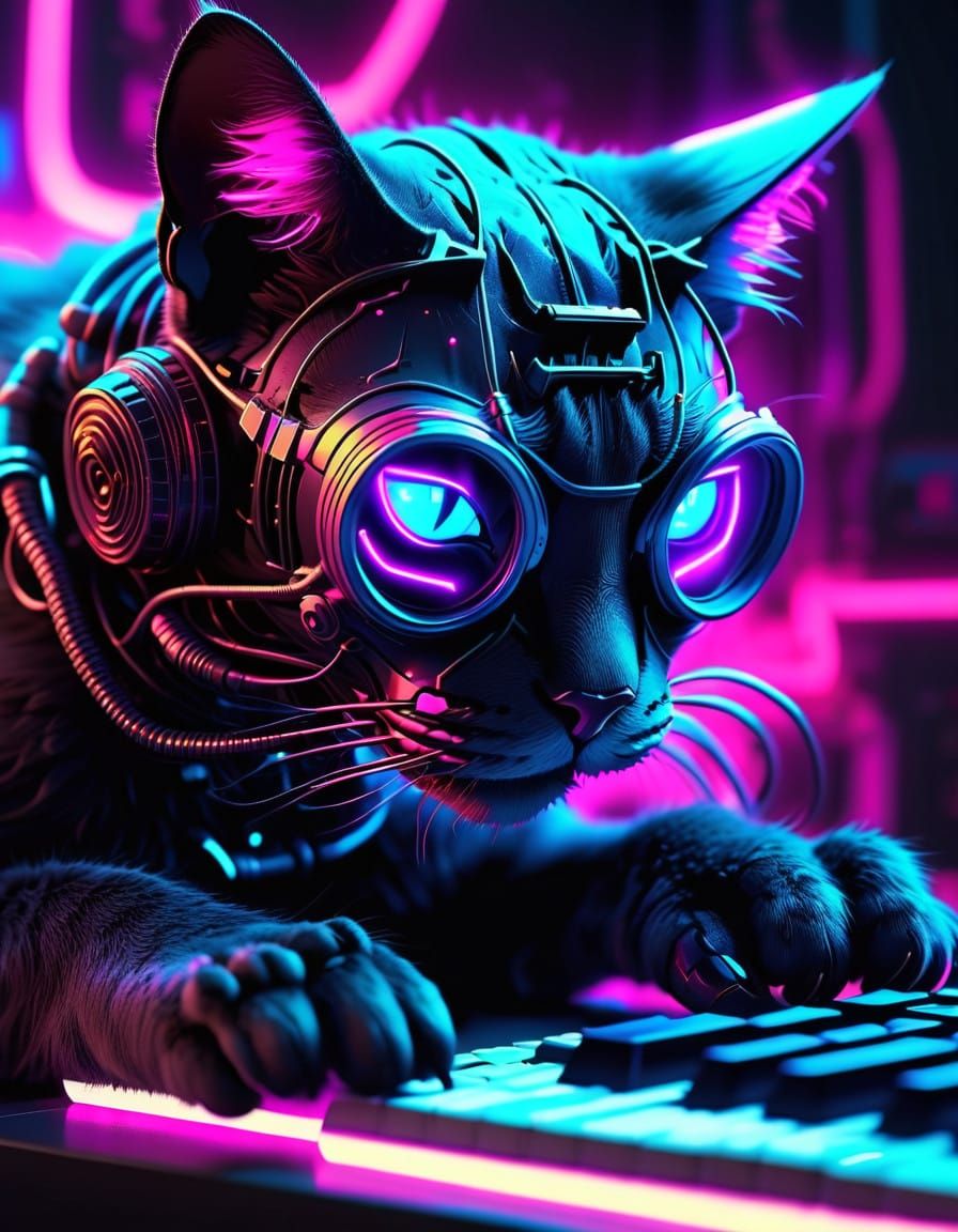 Cyberpunk Cat Surrounded by Glowing Neon Circuits