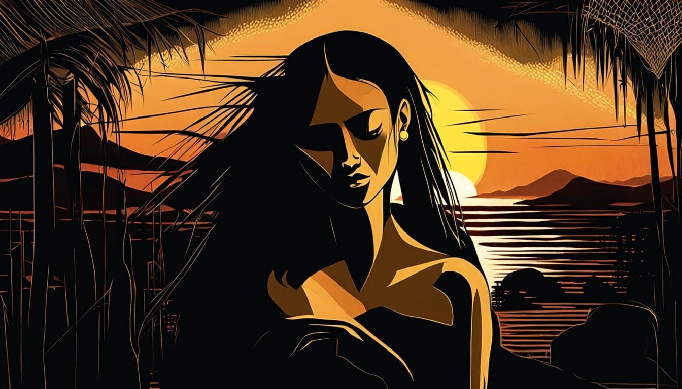 Weeping Woman at Sunset in Chiaroscuro Style