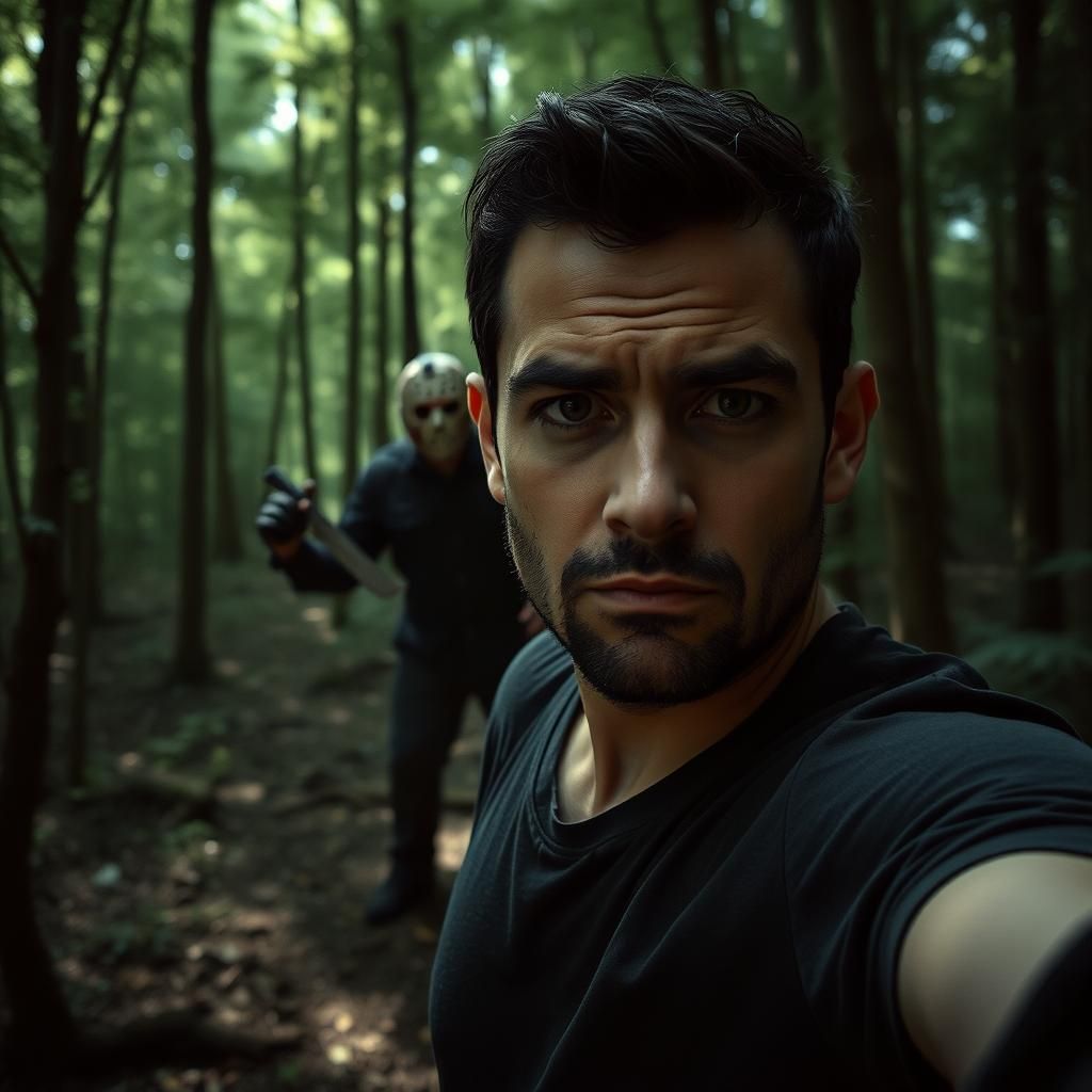 first person perspective of a man taking a selfie in the woo...