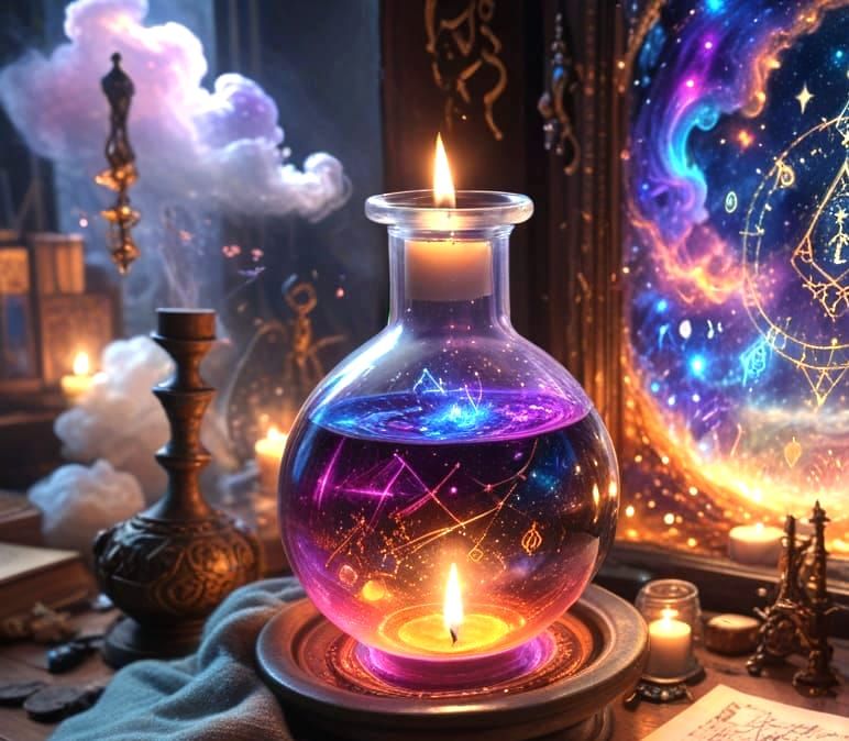 Enigmatic Alchemist Ponders Cosmic Secrets in Candlelit Labo...