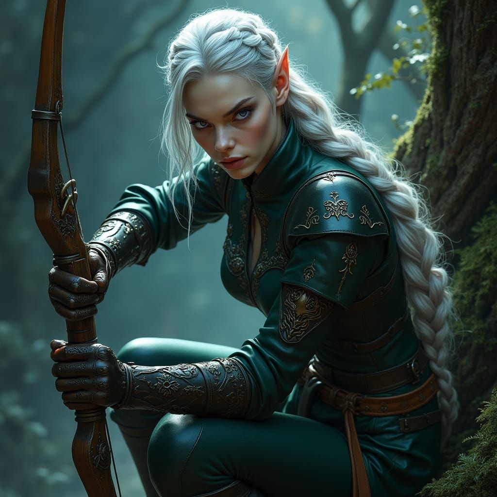 Enigmatic Elven Huntress in Dark Fantasy Armor