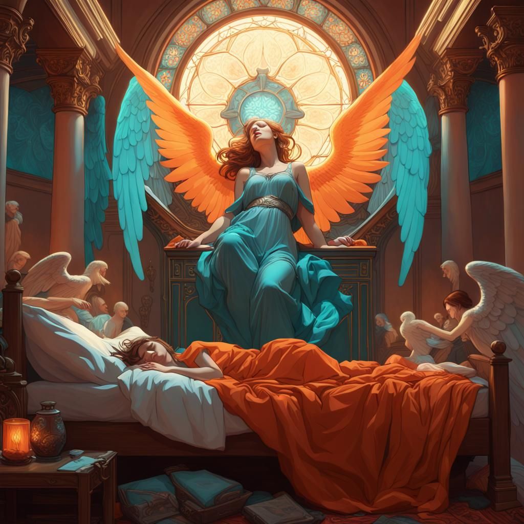Angelic Protection: Woman Asleep with Guardian Angels
