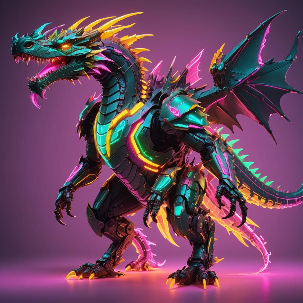 Neon Cybernetic Dragon with Glowing Markings in Synthwave St...