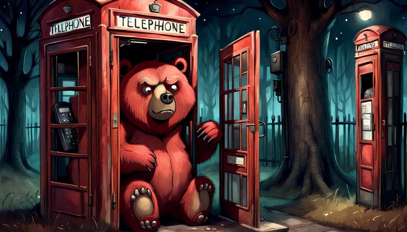 Grumpy Bear in a Telephone Booth