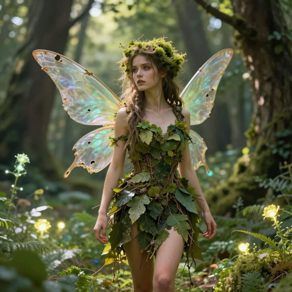 Whimsical Fairy in Sun-Dappled Forest Clearing