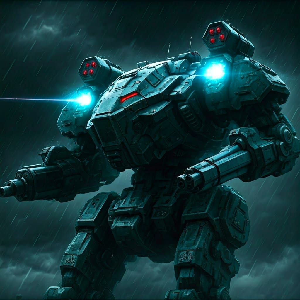 Giant Mech Warrior Unleashes Laser Fire in Storm