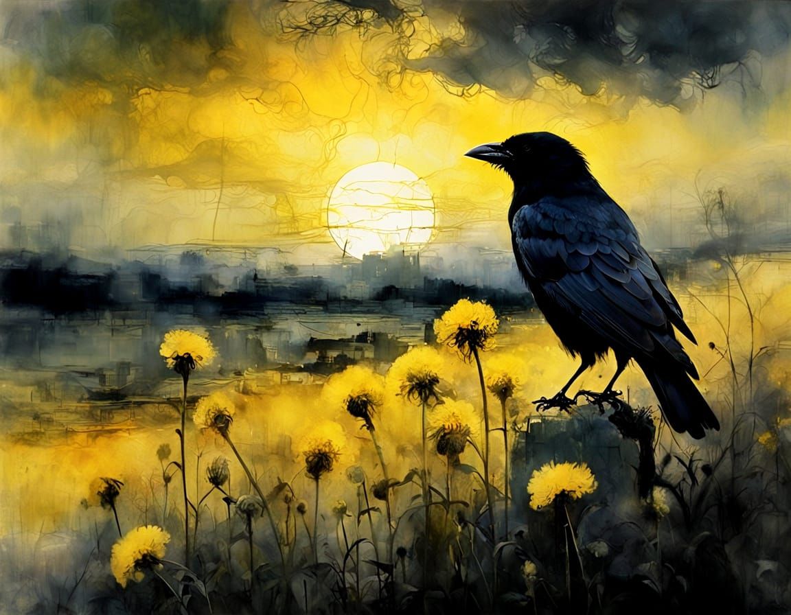 Crow on Dandelions Under Dramatic Sunrise Sky