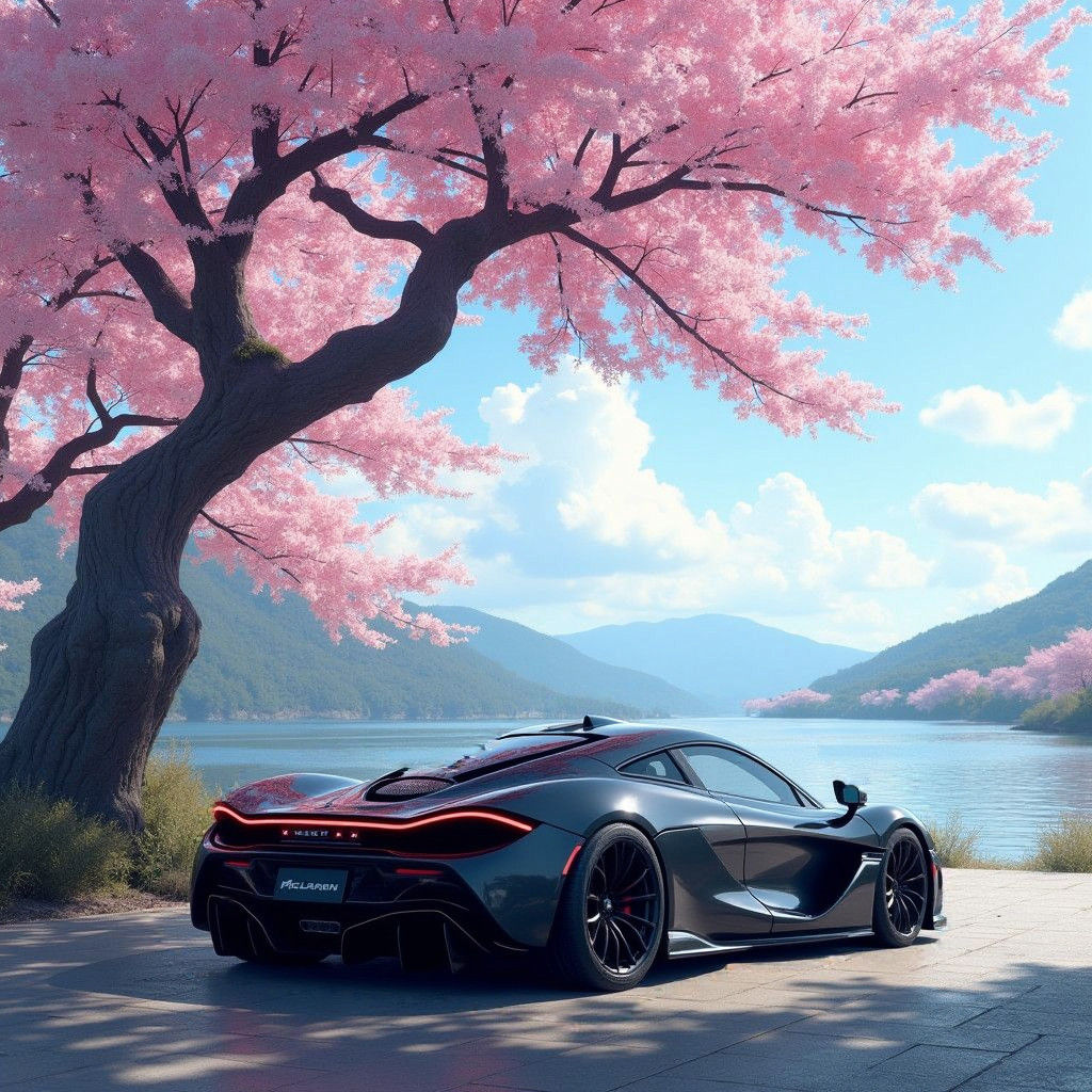 Black McLaren P1 Under Cherry Blossom Tree