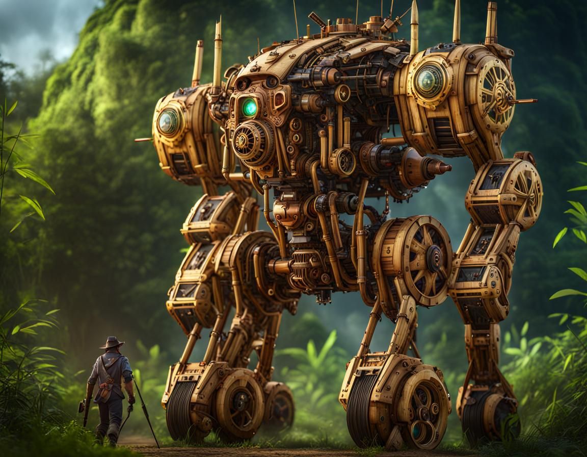 Bamboo Steampunk Mech: Intricate Digital Matte Painting