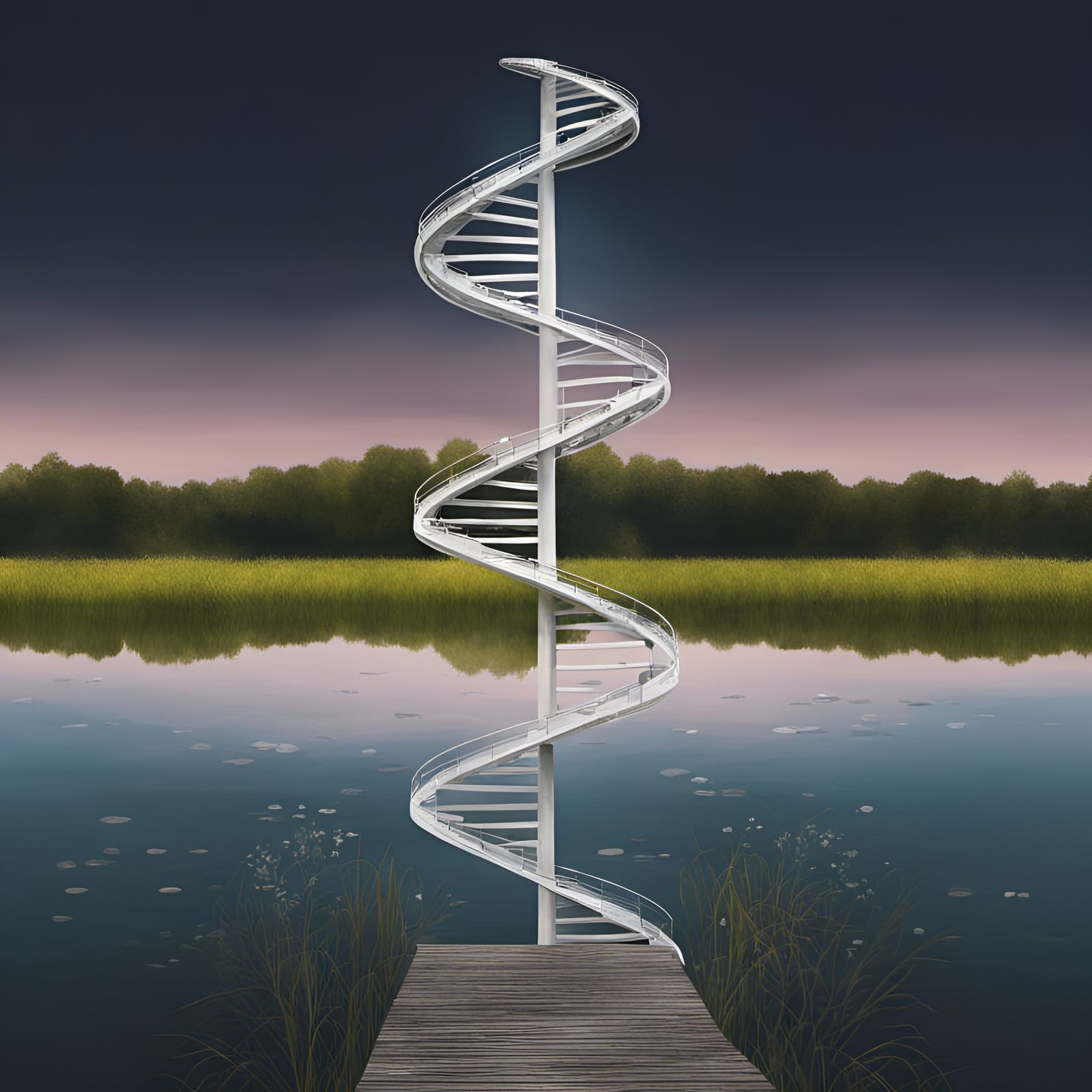 Double Helix Rising from Pond