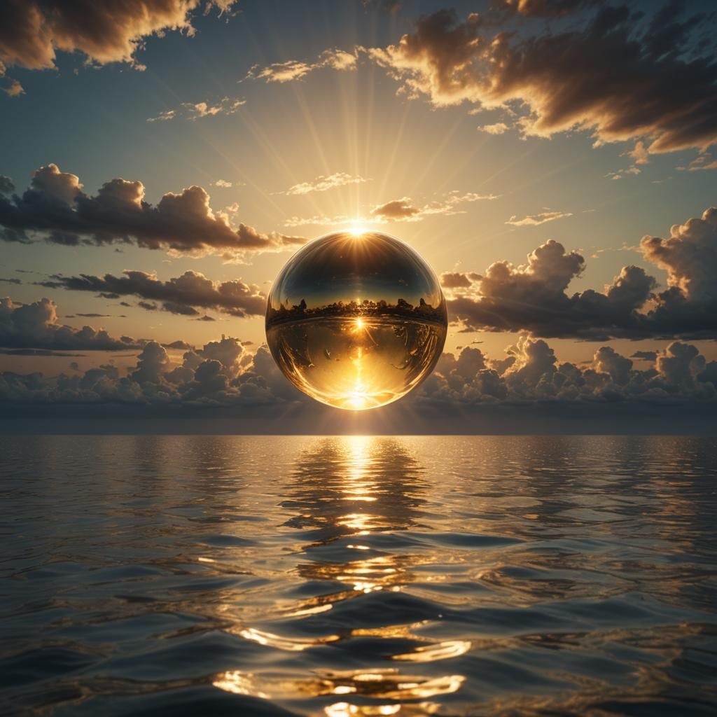 A glowing orb over a calm golden ocean and his reflection in the water