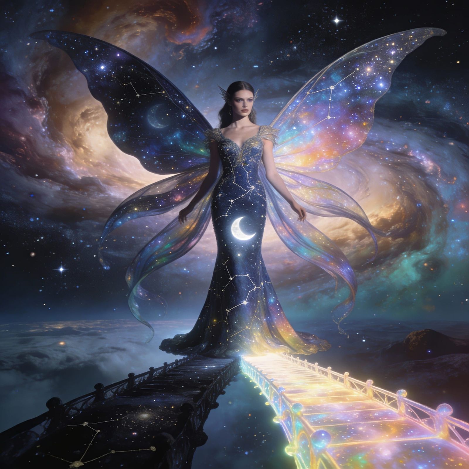 Cosmic Fairy on Celestial Bridge in Fashion Photography Styl...