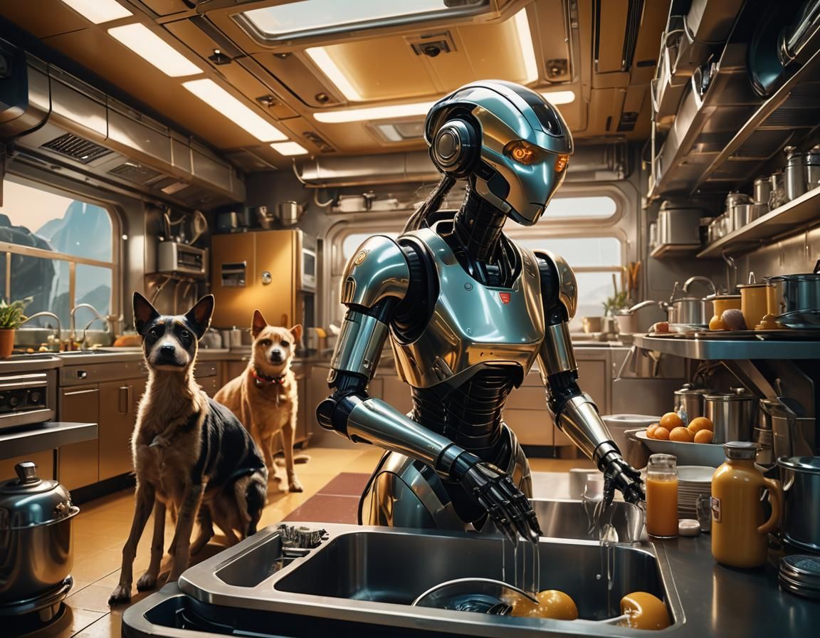 Robot Housewife in Spaceship Kitchen: Sci-Fi Still