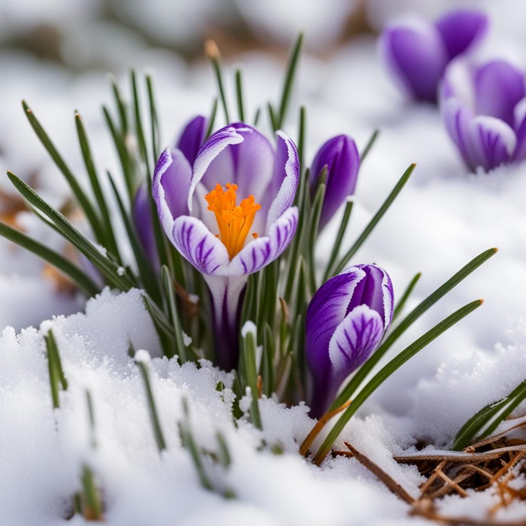 Purple Crocus Flower Emerging Through Snow