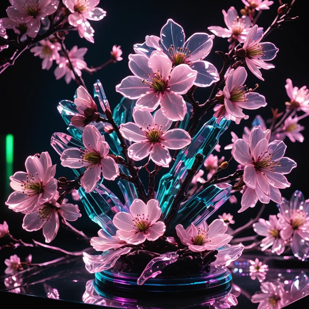 Neon-Lit Cherry Blossom Glass Sculpture in Synthwave Style