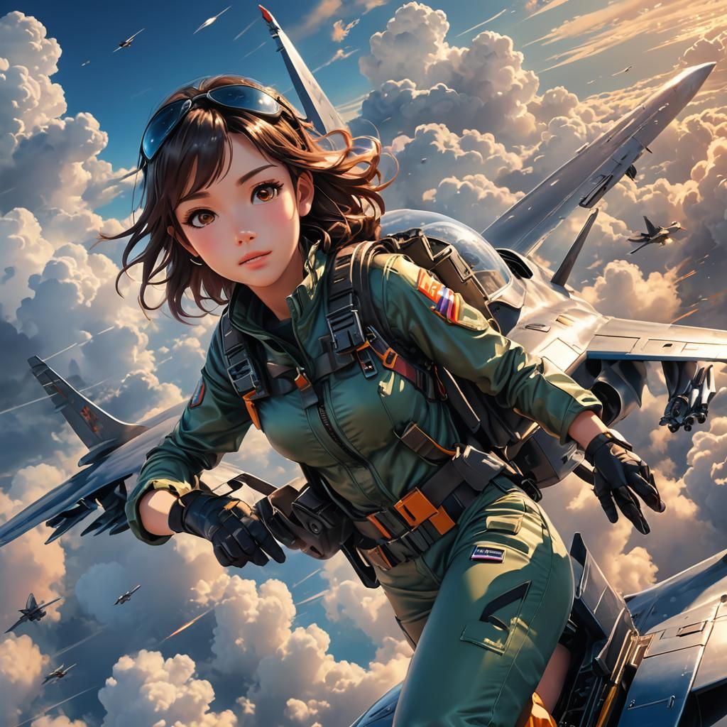 Anime Girl Soaring in Military Jet, 3D Art