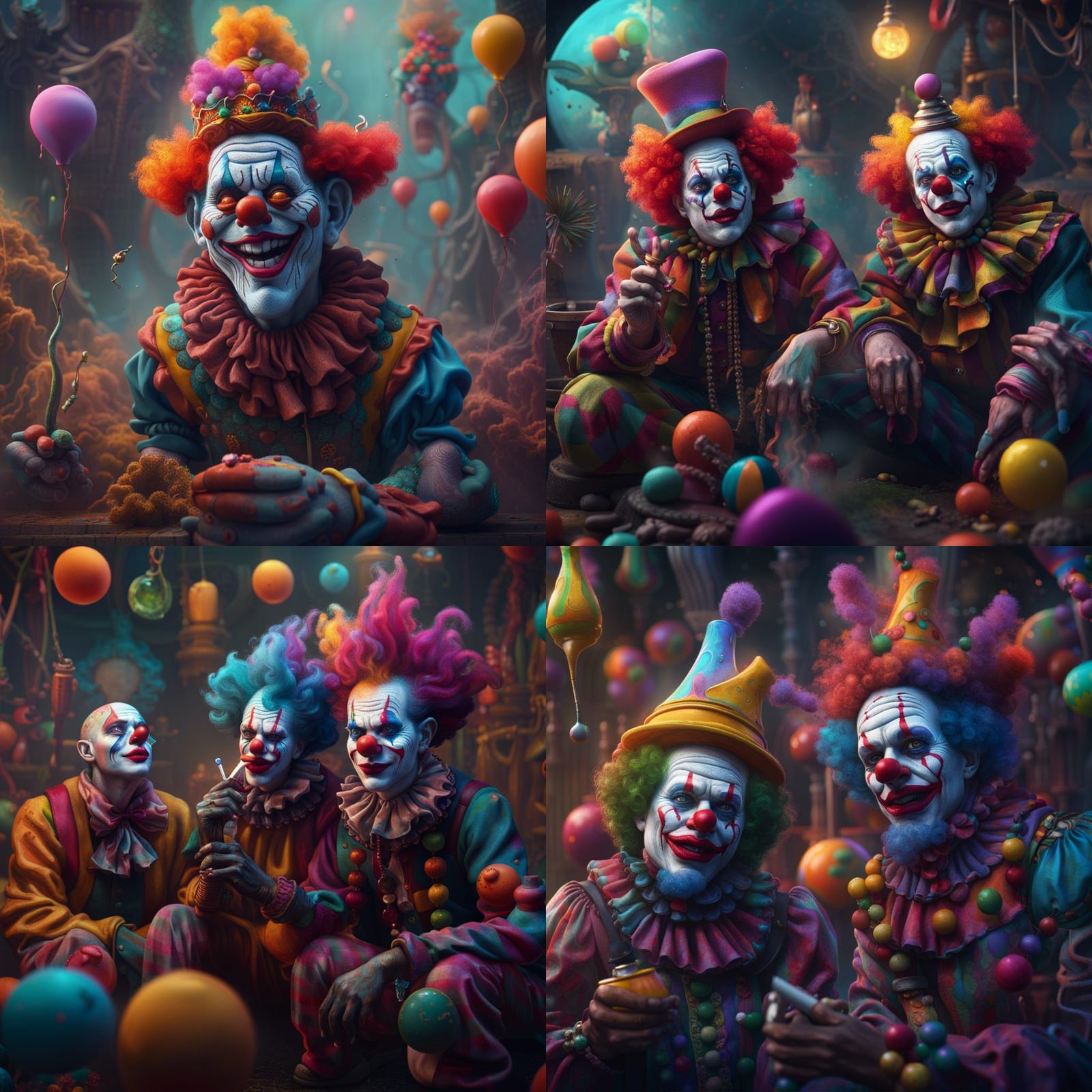 Psychedelic Clowns Pondering Life in Detailed Digital Art