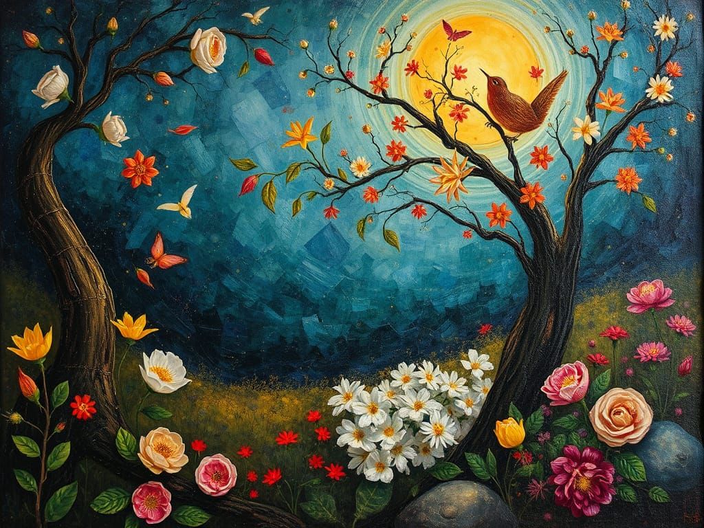 Whimsical Floral Scene in Dreamlike Oil Painting