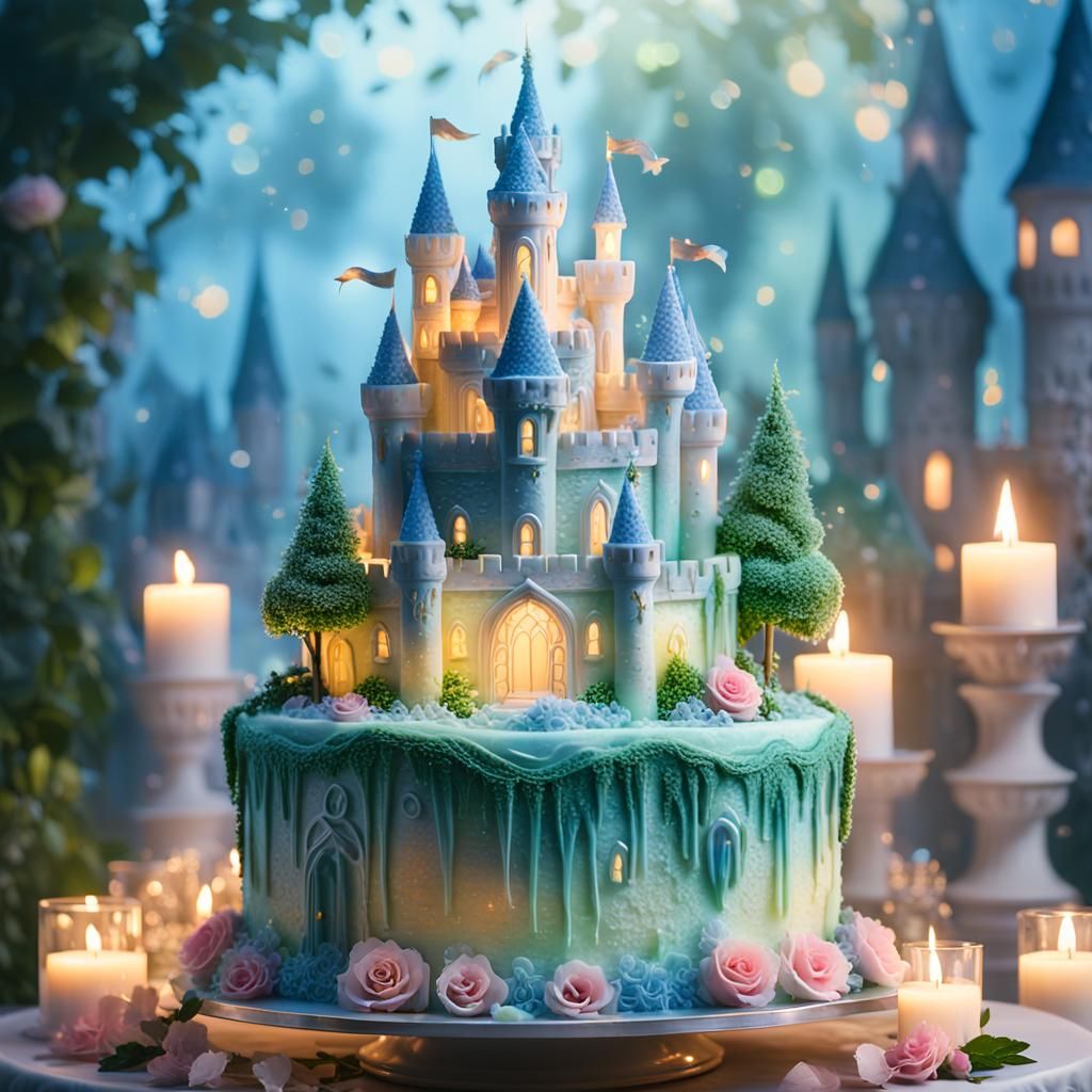 Ethereal Fantasy Castle Birthday Cake with Soft Lighting