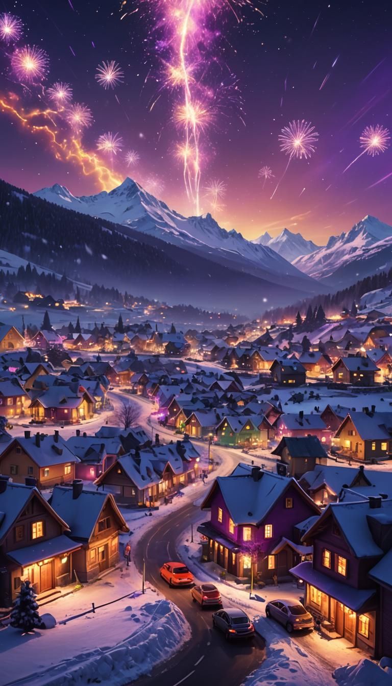 Snowy Village Under Purple Aurora in Unreal Engine Style