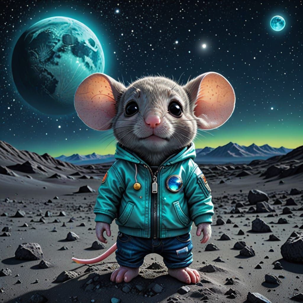 Neon Aqua Chibi Mouse on the Moon