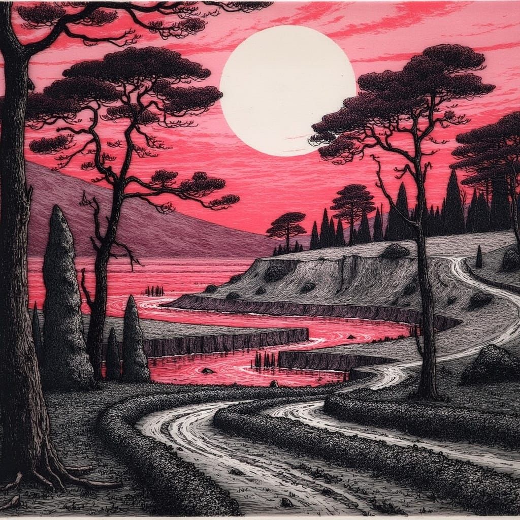 Synthwave Woodcut Landscape in Vibrant Colors