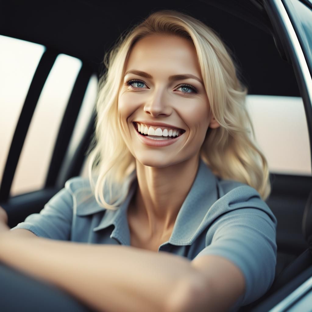 Happy Blonde Woman Driving Car: Matte Painting