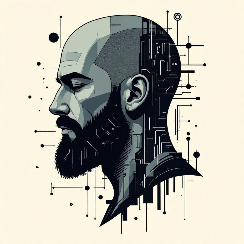 Monochrome Stencil Emblem of Bald Man with Digital Matrix