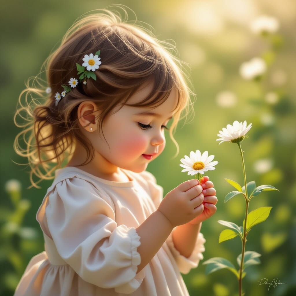 Young Girl Admiring Flower in Realistic Digital Painting