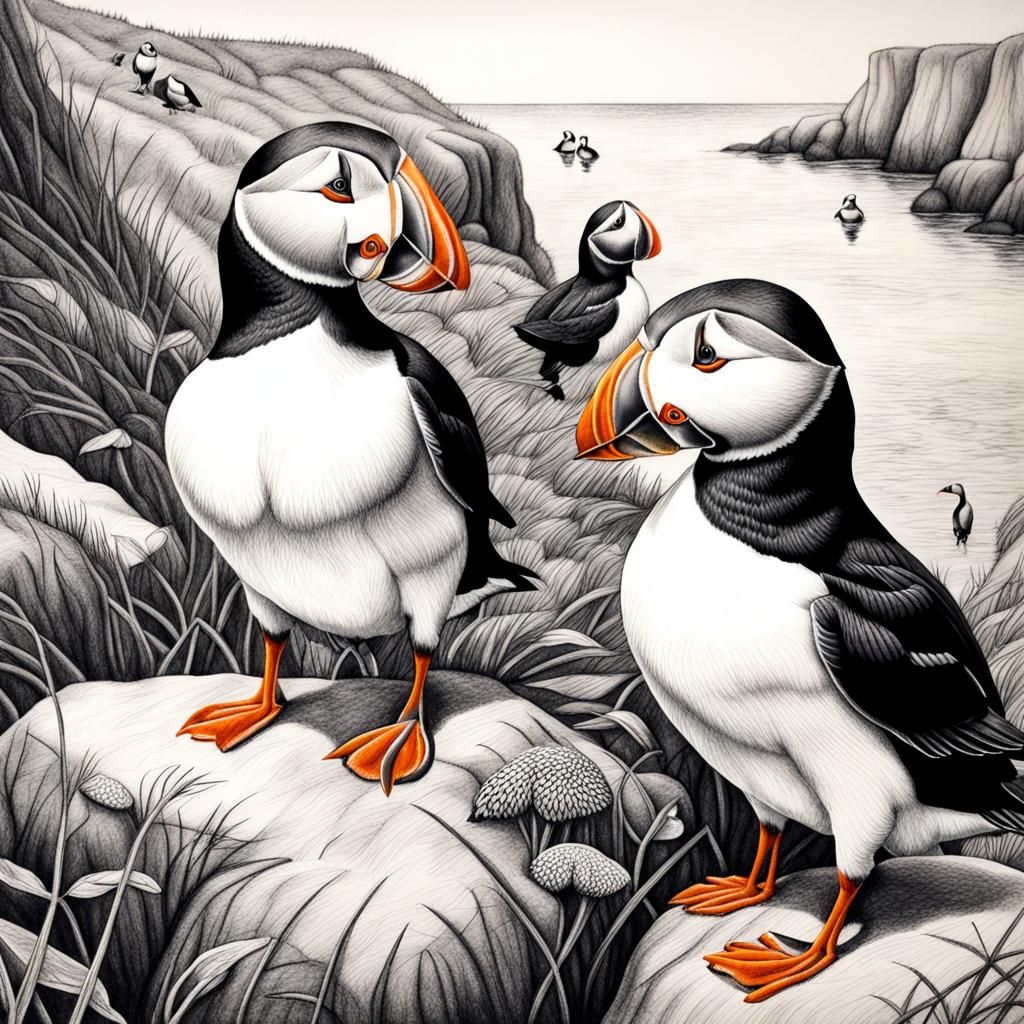 Detailed Charcoal Drawing of Puffins in Nature