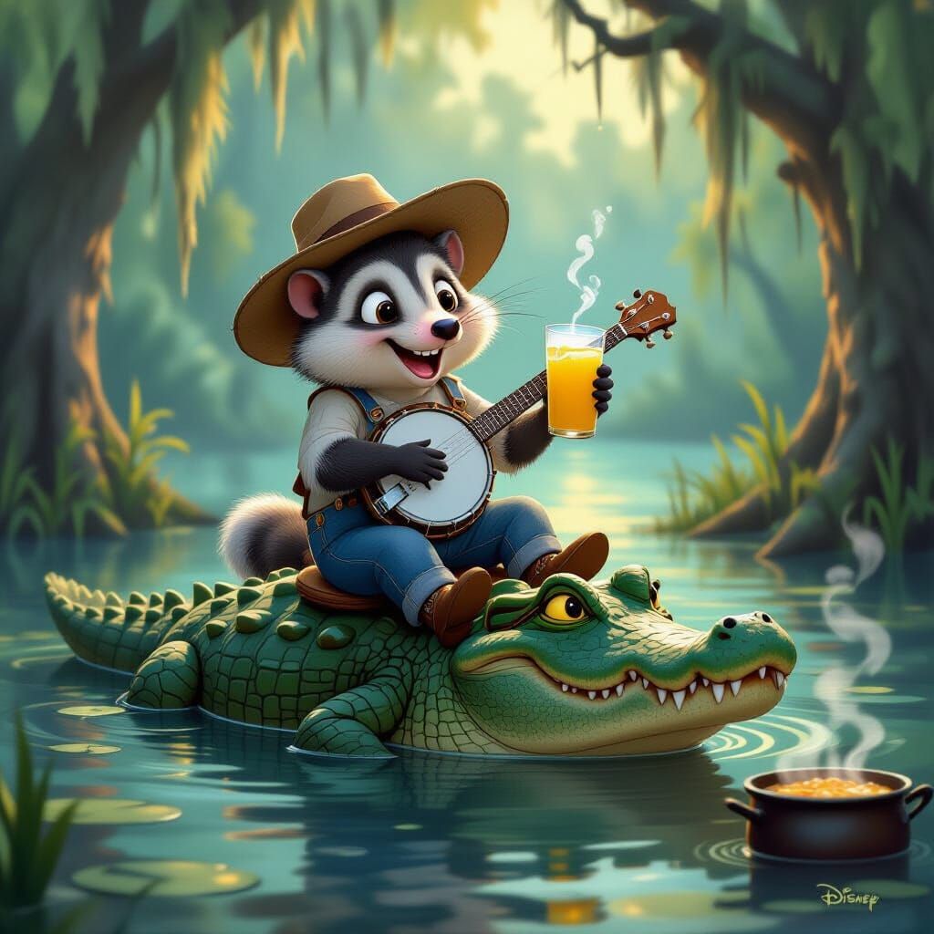 Cartoon Opossum Plays Banjo on Alligator in Swamp