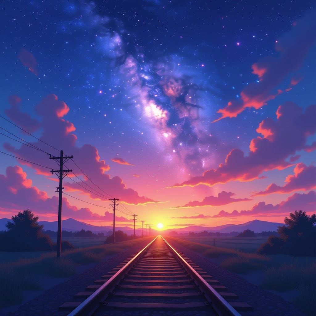 Cosmic Sunset Train Tracks in Anime Style