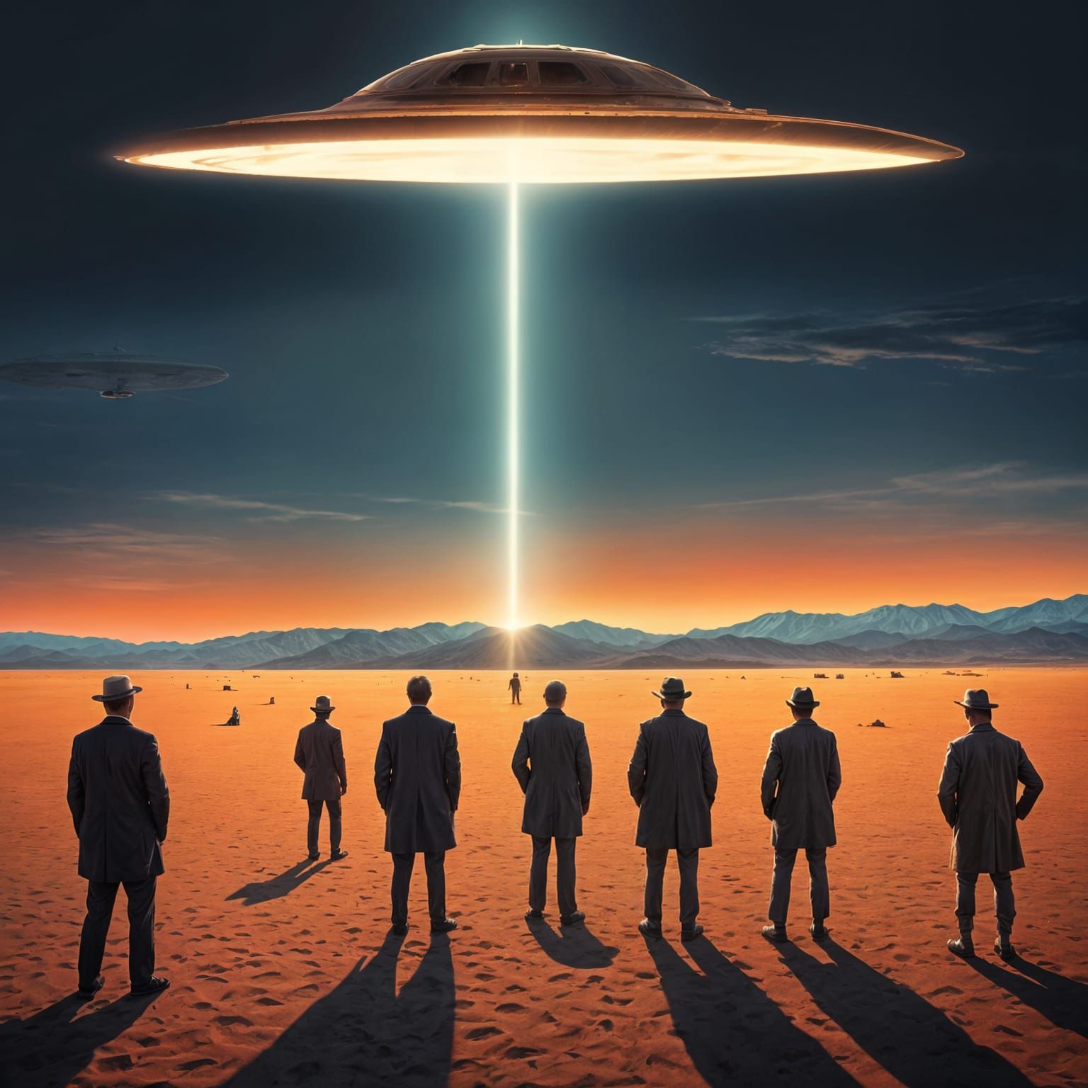 Surrealist Scene of Men Gazing Up at a UFO in a Desert Sunse...