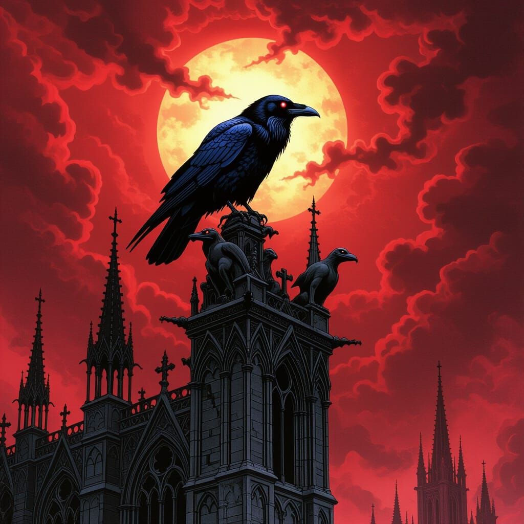 Raven on Gothic Tower in Surreal Horror Style