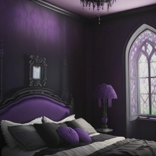 Complex realistically detailed purple Gothic bedroom with pu...
