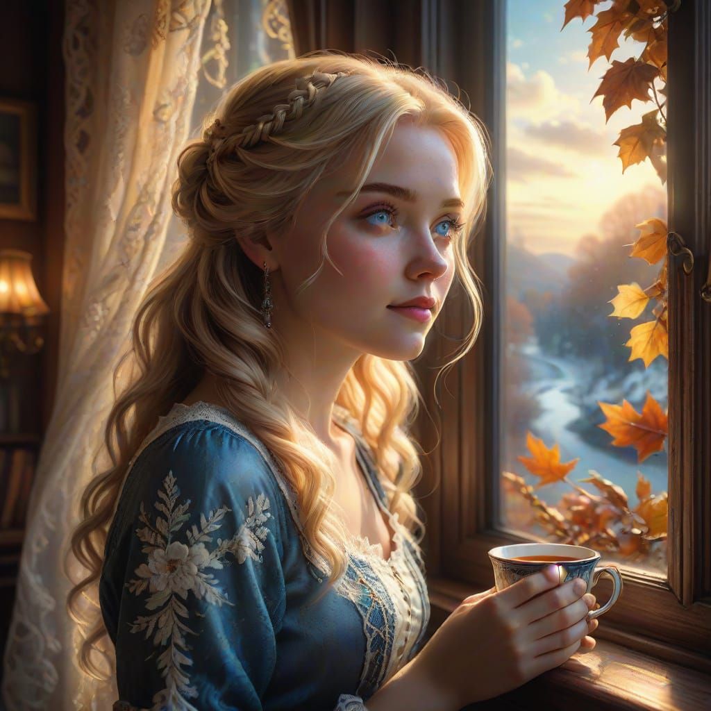 Girl Daydreaming by Frosted Window in Golden Hour