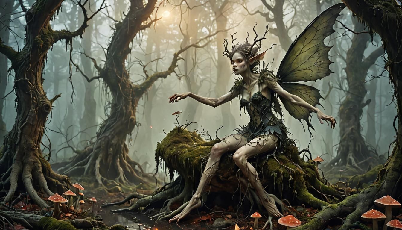 Grotesque Moss-Covered Fairies in a Dark Fantasy Forest