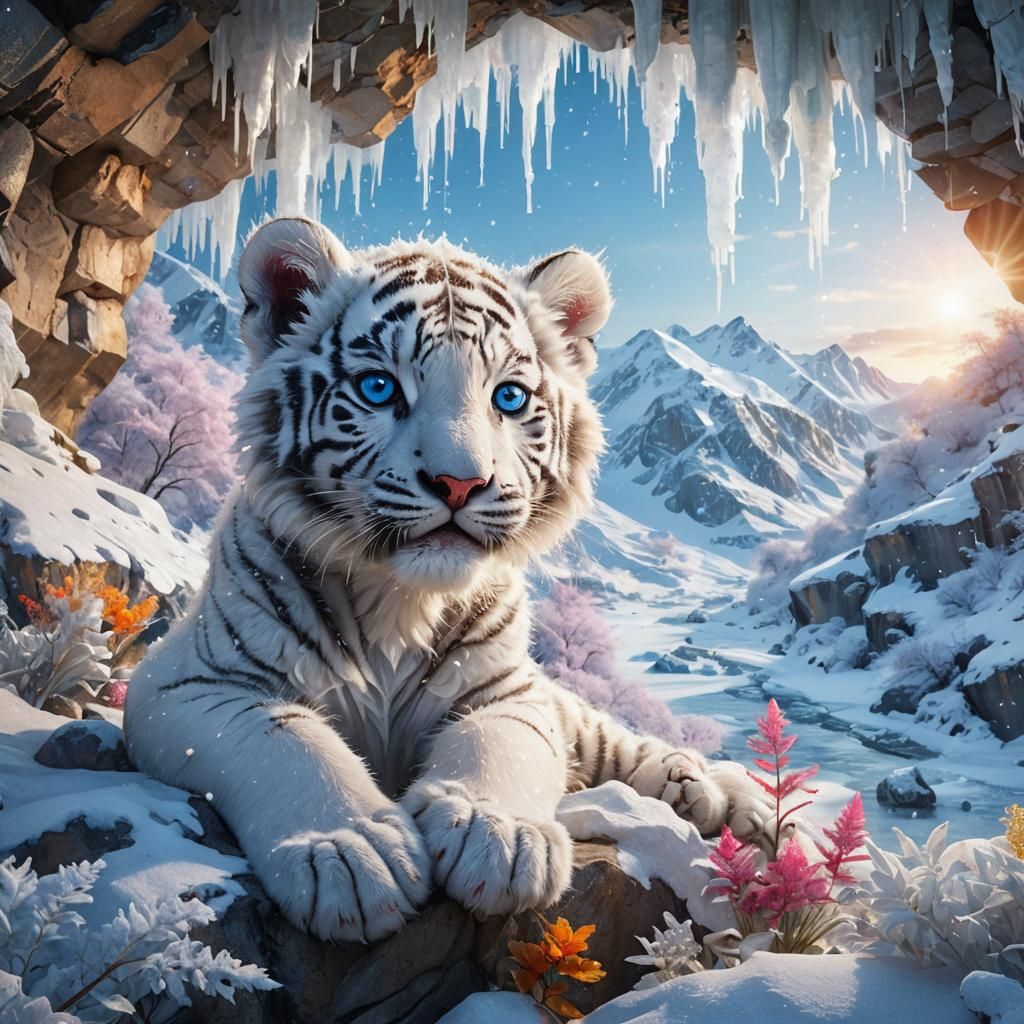 White Tiger Cub in Snowy Landscape, 3D Render